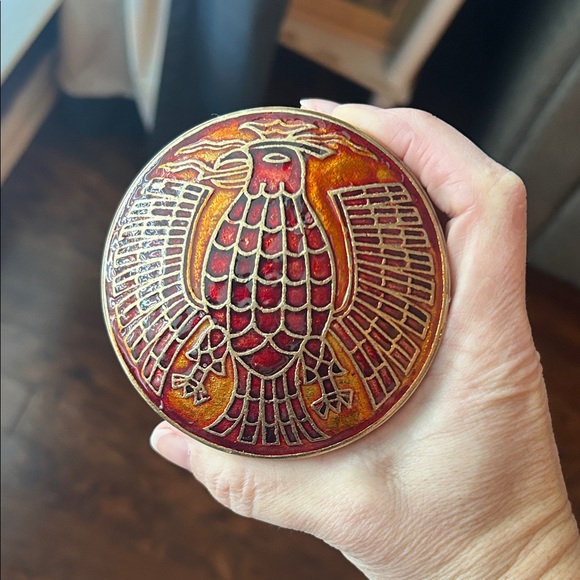 Other - Vgt Red phoenix bird round brass trinket box w lid. Great condition & unique.
